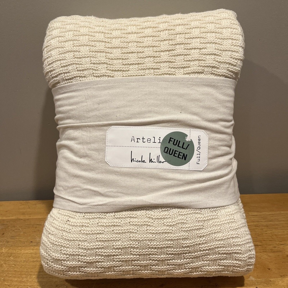 NICOLE MILLER ARTELIER Full/Queen Woven Knit Bed Blanket Color Vanilla Cream NEW